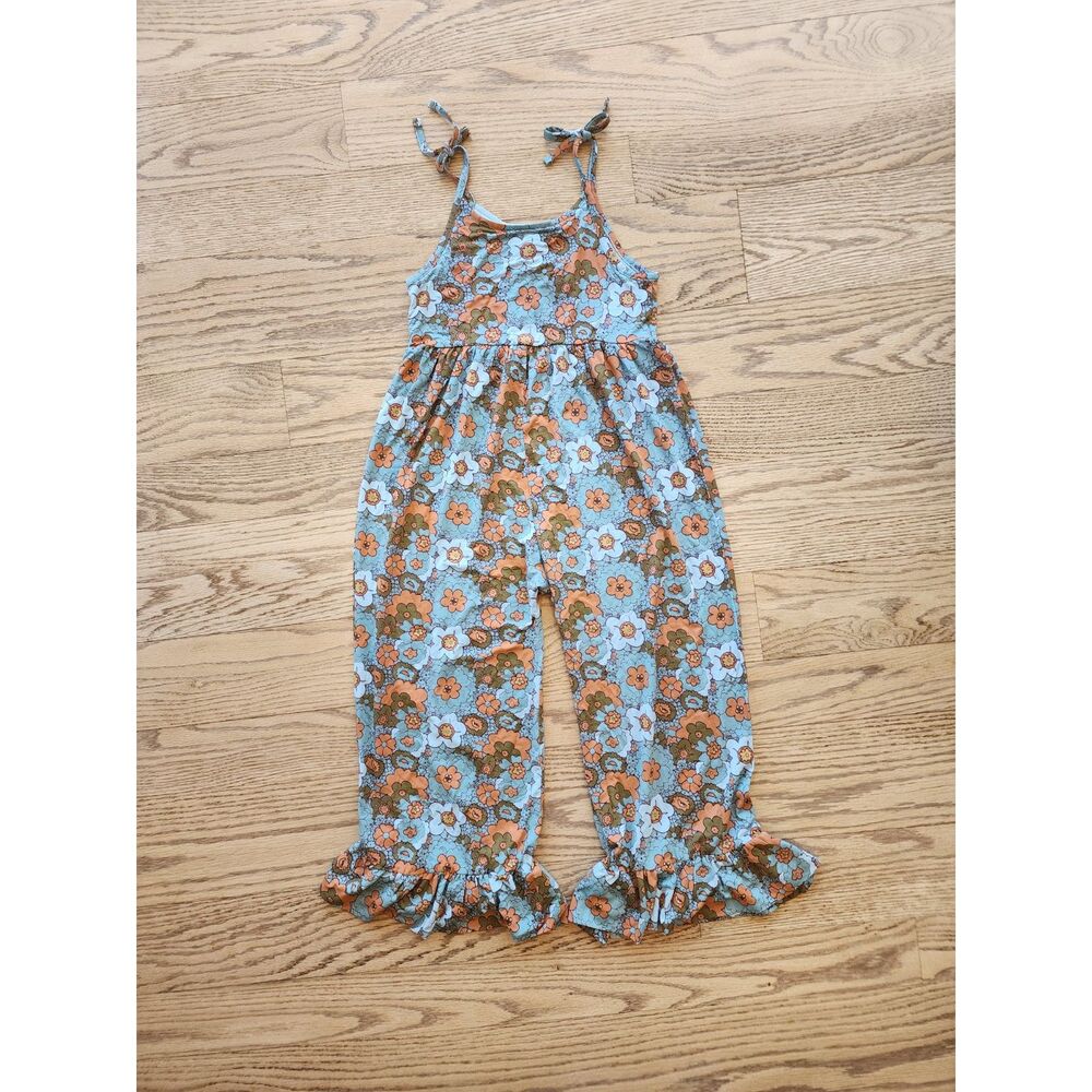Kate Quinn 5Y Spaghetti Ruched Gauccho Jumpsuit Jadeite Mid-Century Floral New